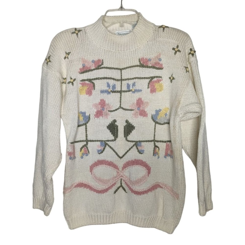 Shenanigans long sleeve Vintage Floral Bow Ivory Pastel‎ colored Sweater size M